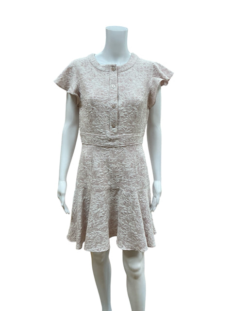 Shoshanna Pink/White Floral Pre-Owned Ladies Dress Size 6 with short sleeves and button front, featuring textured floral pattern.