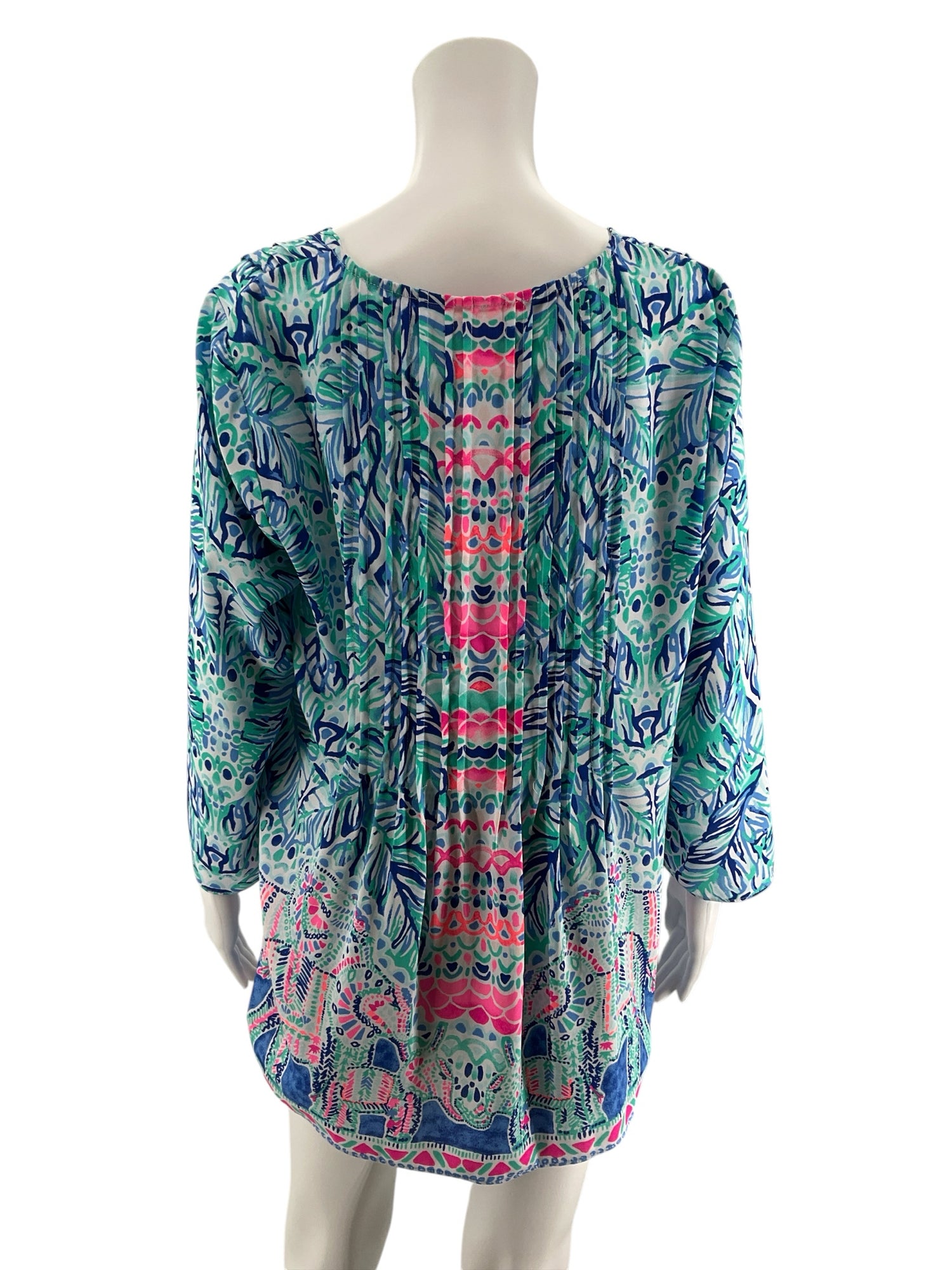 Lilly Pulitzer Tatum Tunic Top Multi Chin Chin Print V-Neck Tassel Blouse Size Large