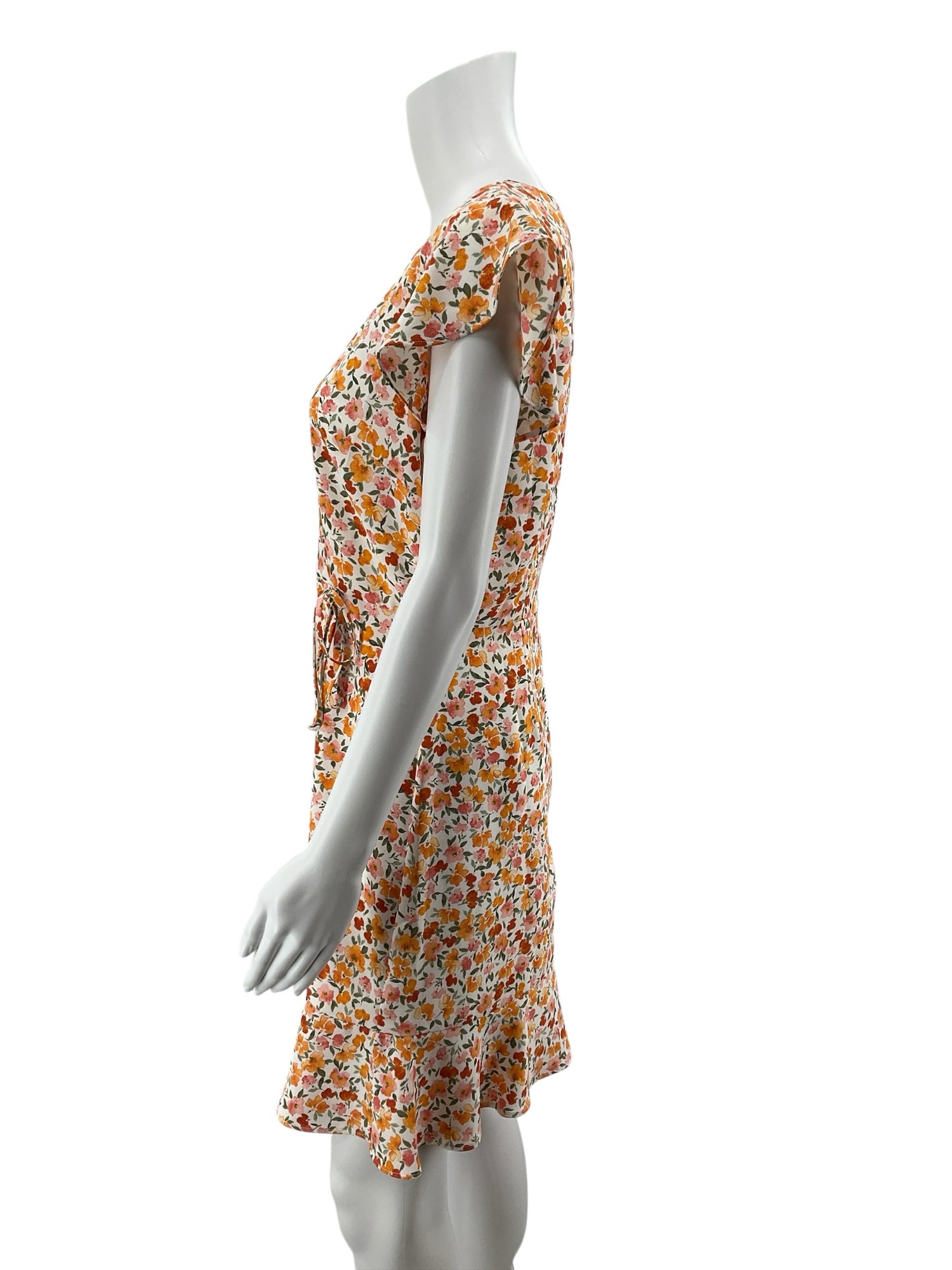 LOFT Outlet Floral Faux Wrap Ruffle Dress Cap Sleeve White Orange Pink Size 4