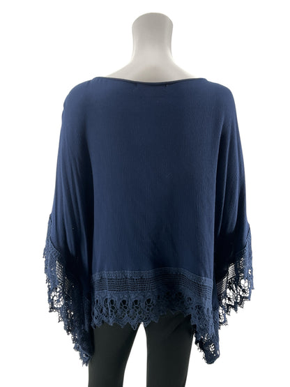 Katja Navy Blue Lace Poncho Top Boho Handkerchief Hem Blouse Size 2XL