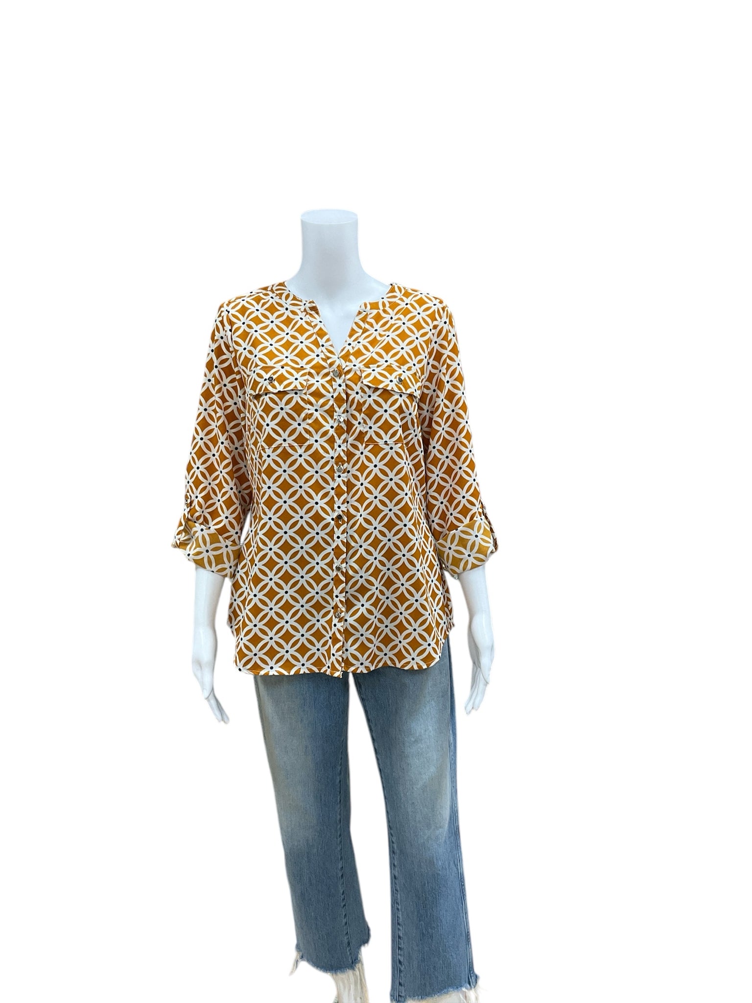 Notations Mustard/White Print Top Size Medium