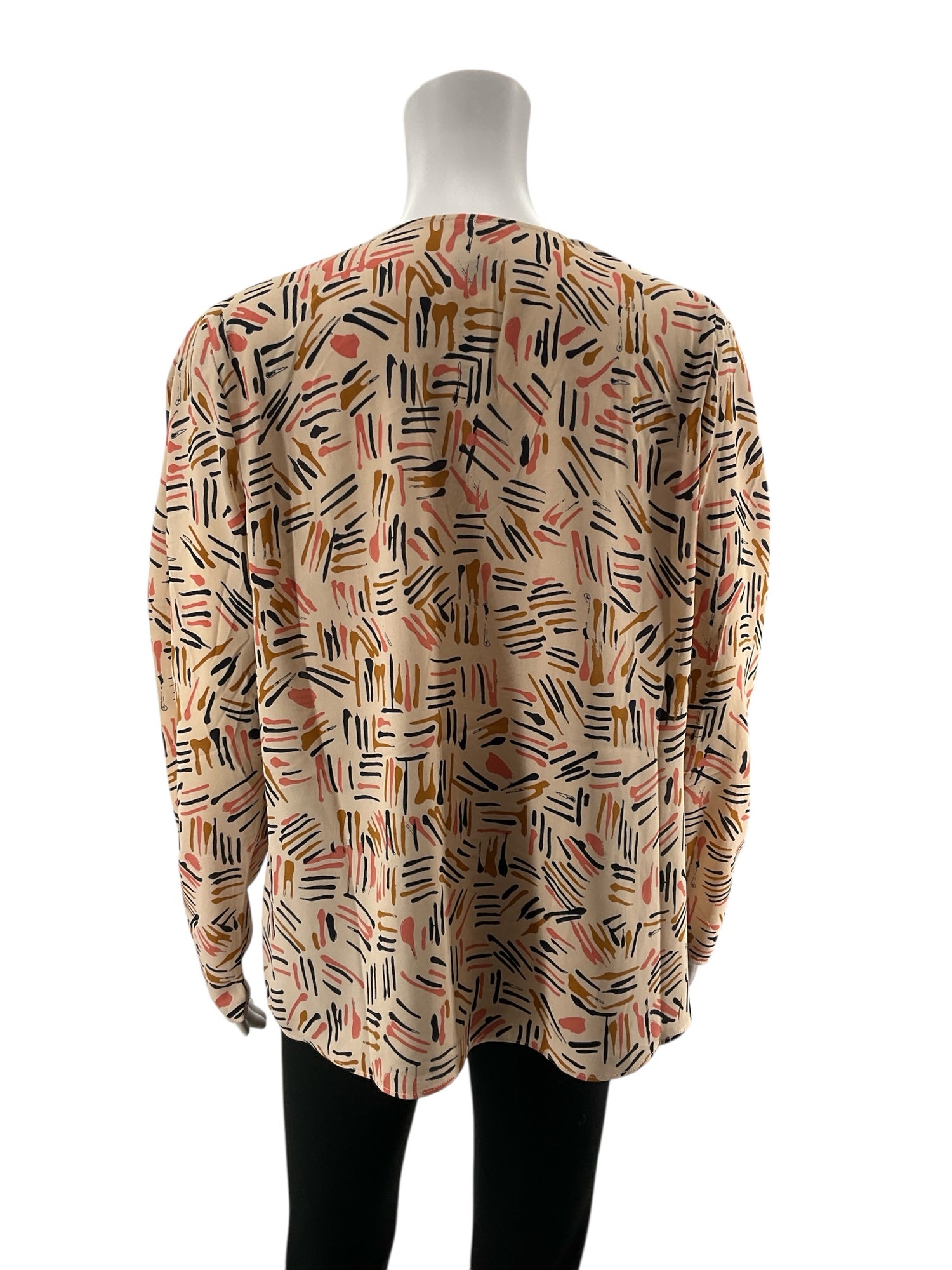 cabi tan/navy/pink Long Sleeve Brushstroke Blouse Faux Wrap V-Neck Top Tan Pink Navy Size M Style 4162 - Size M