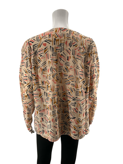 cabi tan/navy/pink Long Sleeve Brushstroke Blouse Faux Wrap V-Neck Top Tan Pink Navy Size M Style 4162 - Size M