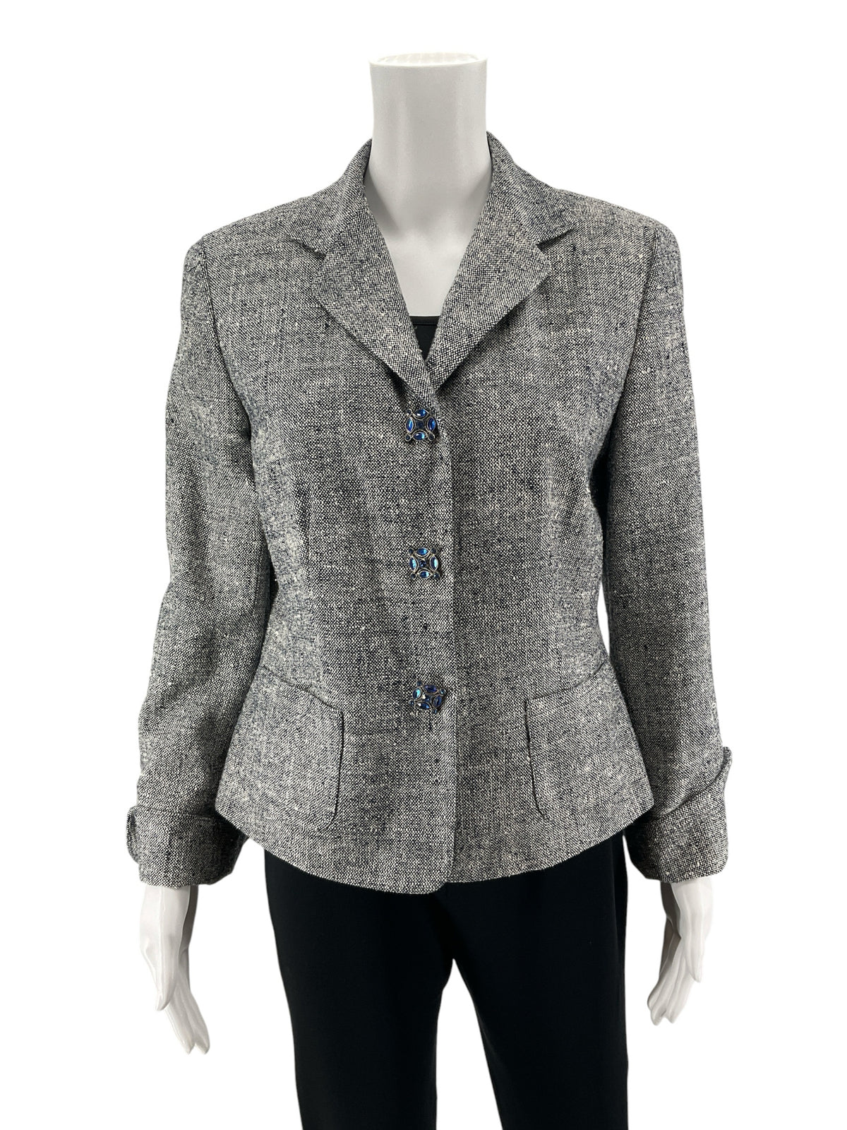 Josephine Chaus 100% Silk Speckled Blazer Jacket Blue &amp;amp; White Size 4
