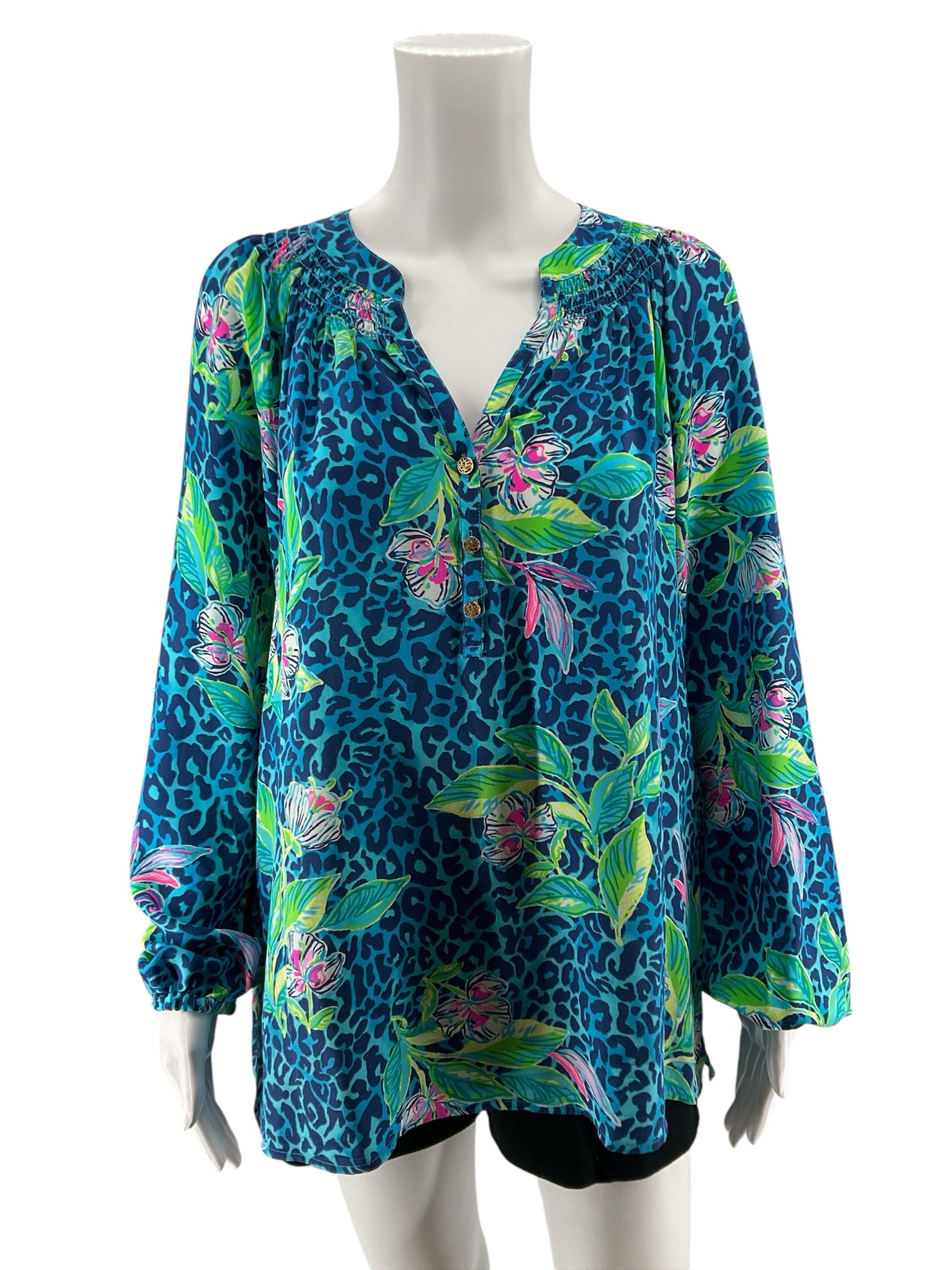 Lilly Pulitzer Elsa Silk Top Blue Lagoon Floral Tunic Blouse Size Large