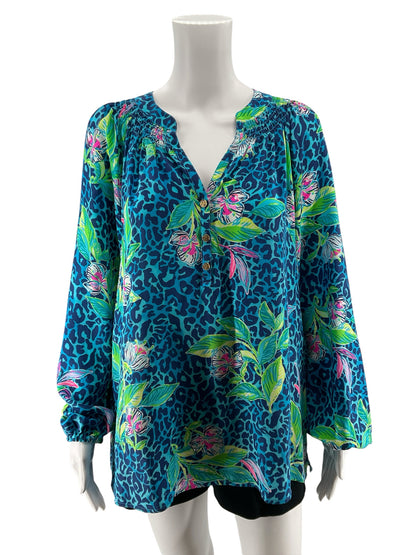 Lilly Pulitzer Elsa Silk Top Blue Lagoon Floral Tunic Blouse Size Large