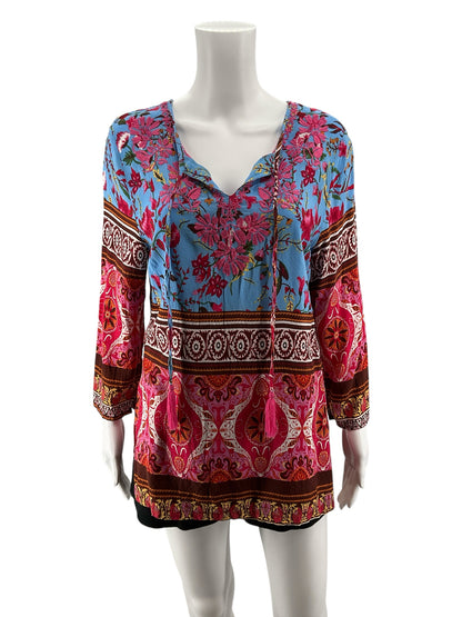 Aziza Blue Pink Floral Tassel Tie Bohemian Tunic Top Size Large