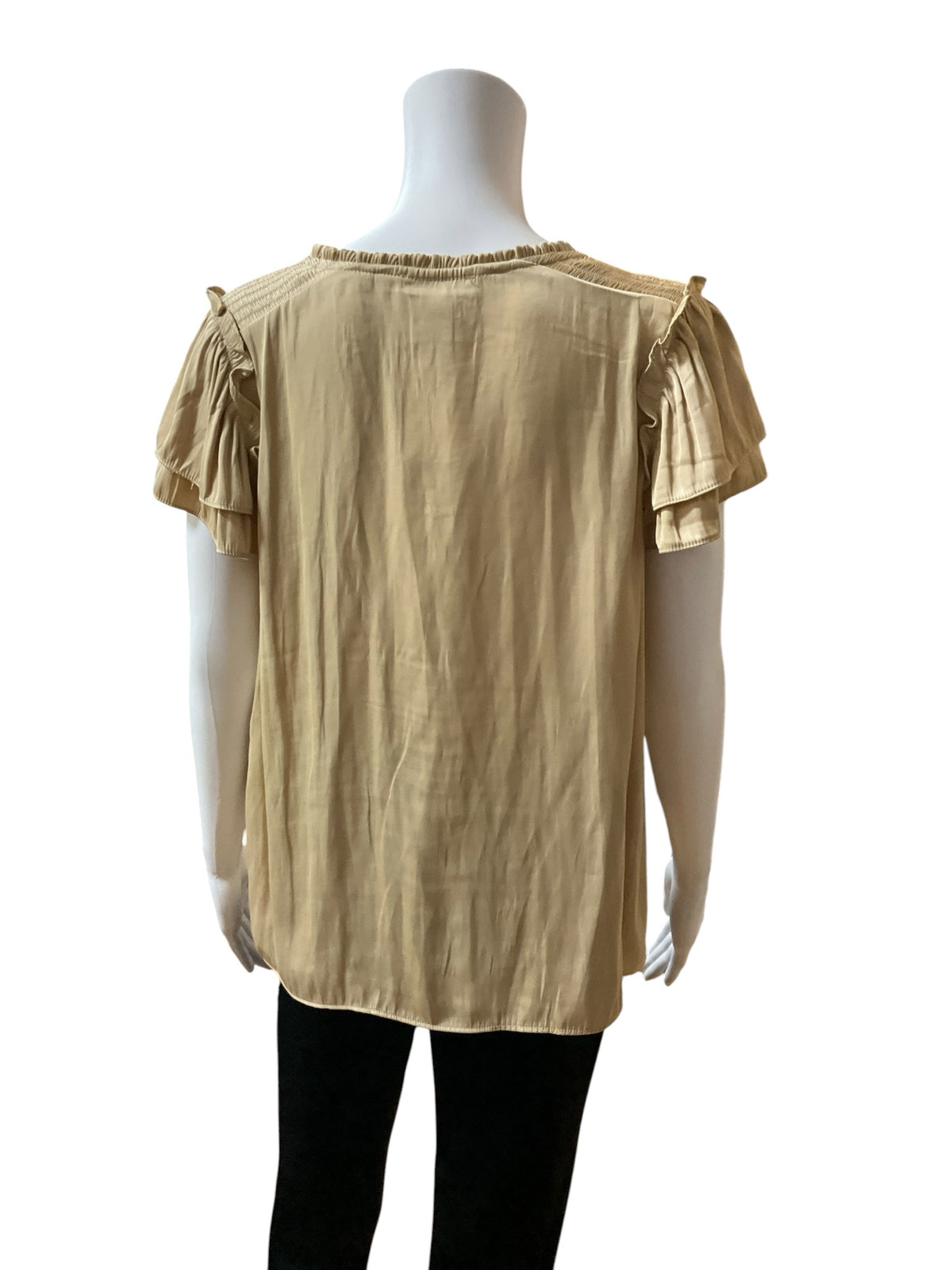 Rachel Zoe Smocked Yoke Tie-Neck Blouse Tan Bronze Flutter Sleeve Top Size Medium - ONLINE ONLY