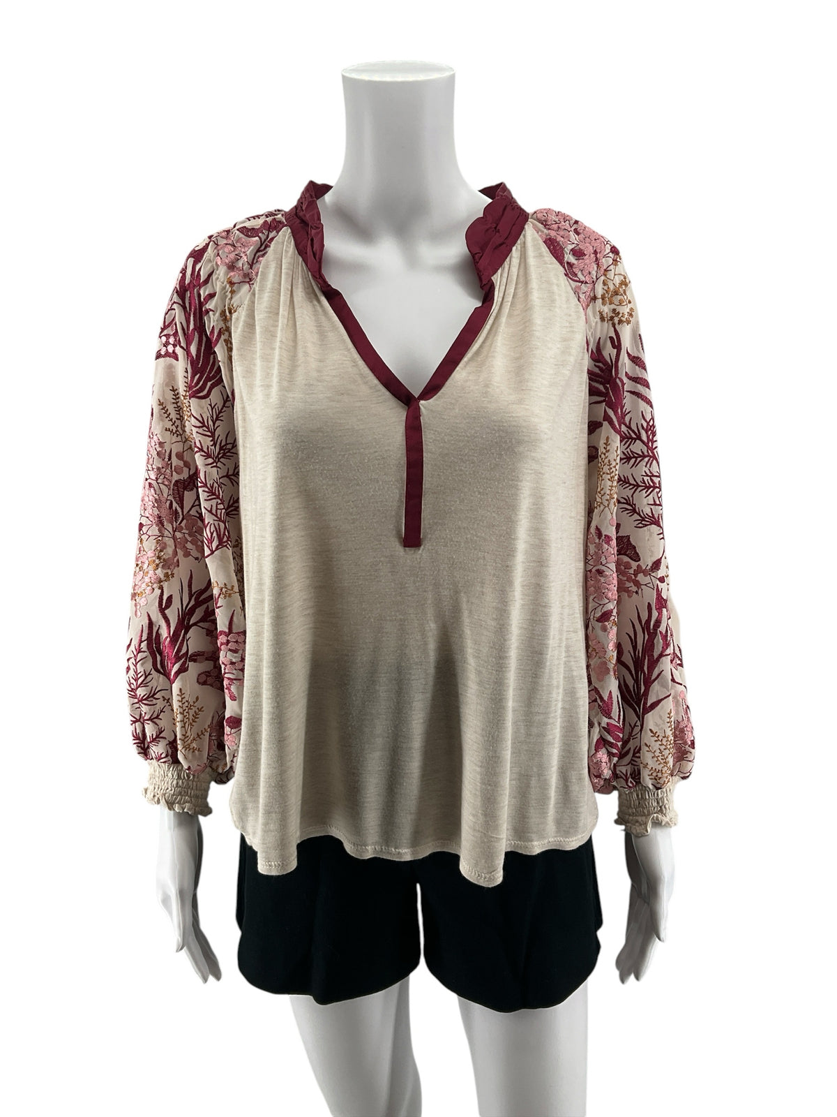 Tiny Anthropologie Embroidered Sleeve Boho Peasant Top Tan Maroon Size Large - ONLINE ONLY