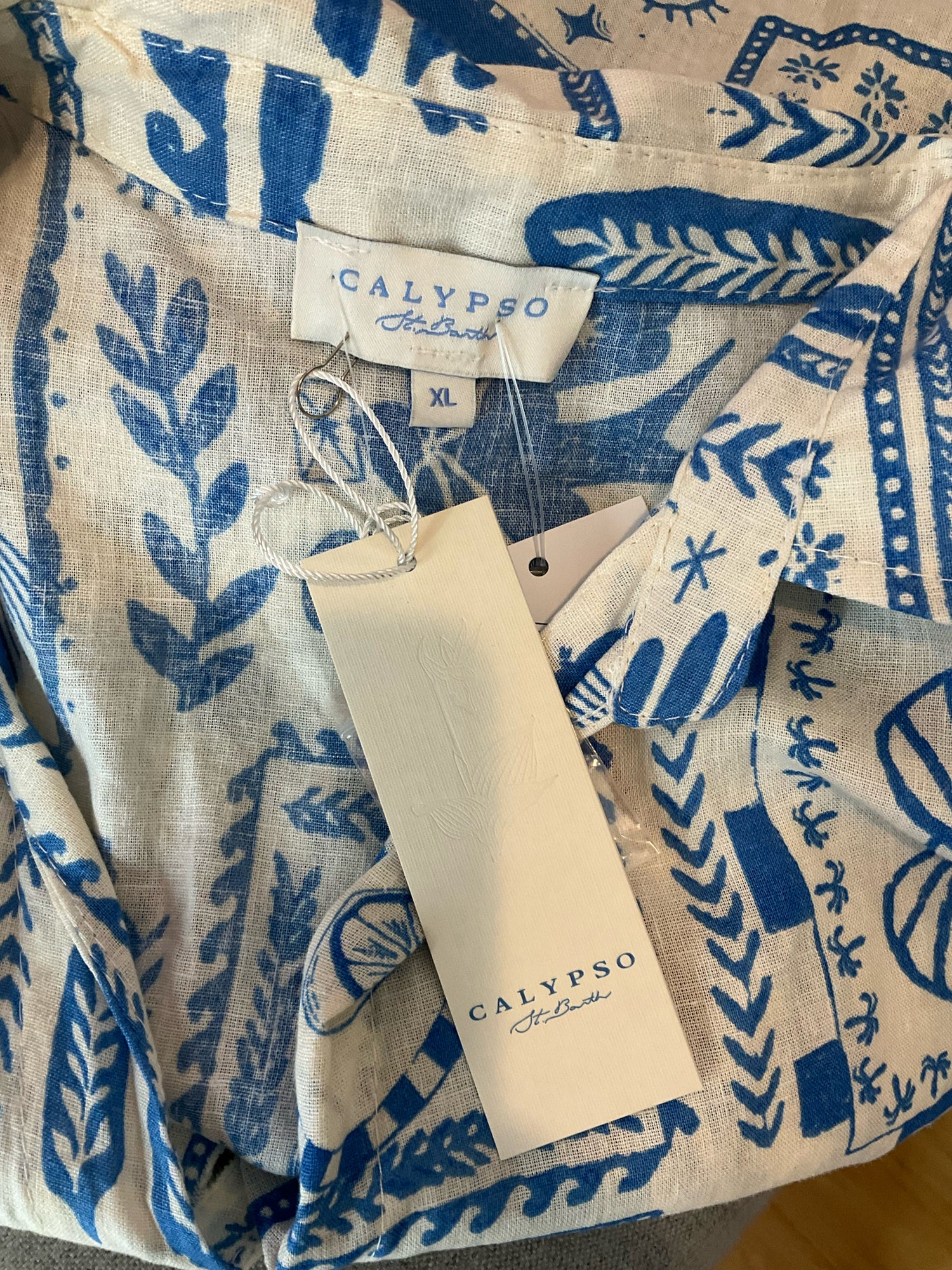 Calypso St. Barth white/blue Sleeveless Coastal Print Linen Blend Tie-Front Tank Top XL - Size XL