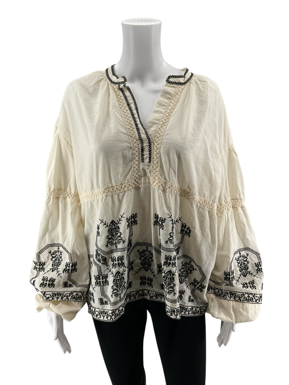 Solitaire Cream Embroidered Bohemian Peasant Blouse Top XL