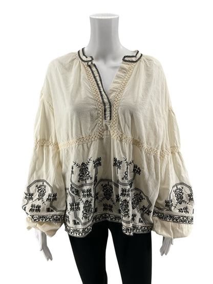 Solitaire Cream Embroidered Bohemian Peasant Blouse Top XL