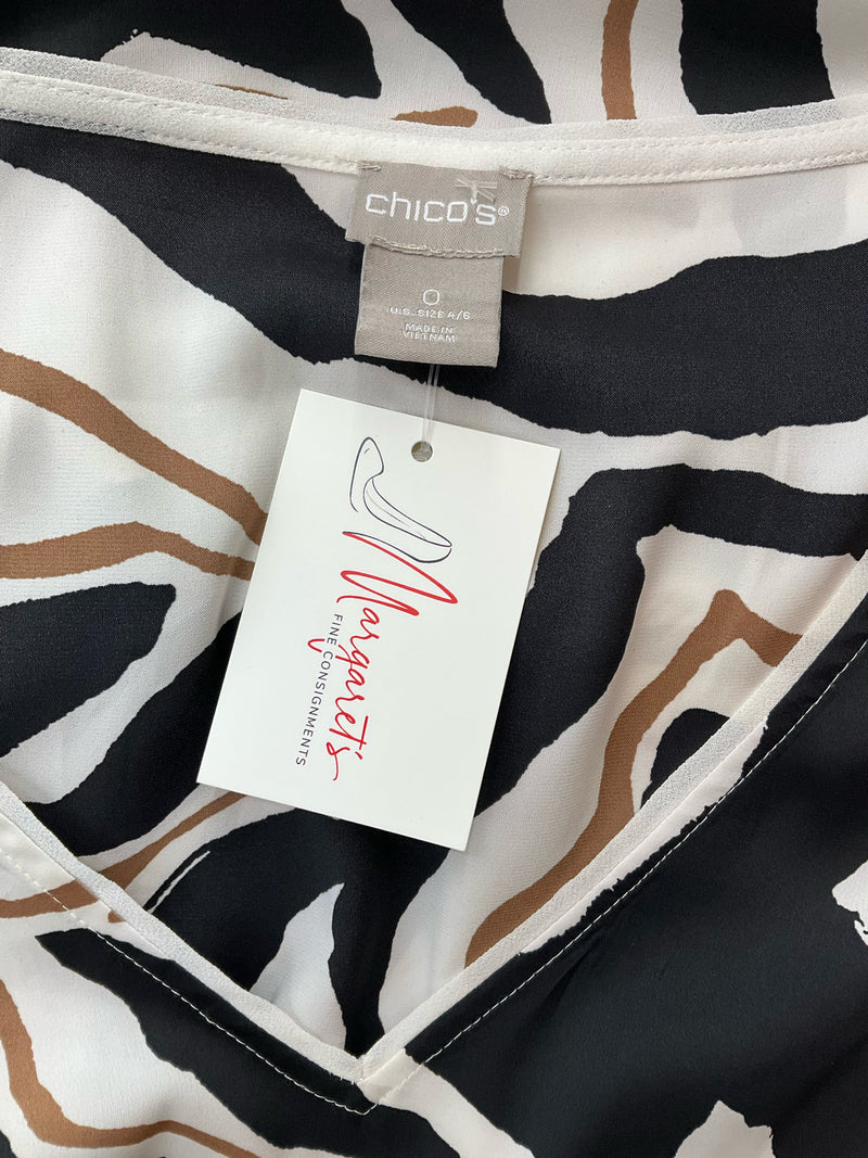 Chico White/Brown/Black Print Pre-Owned Ladies Top - Size Small