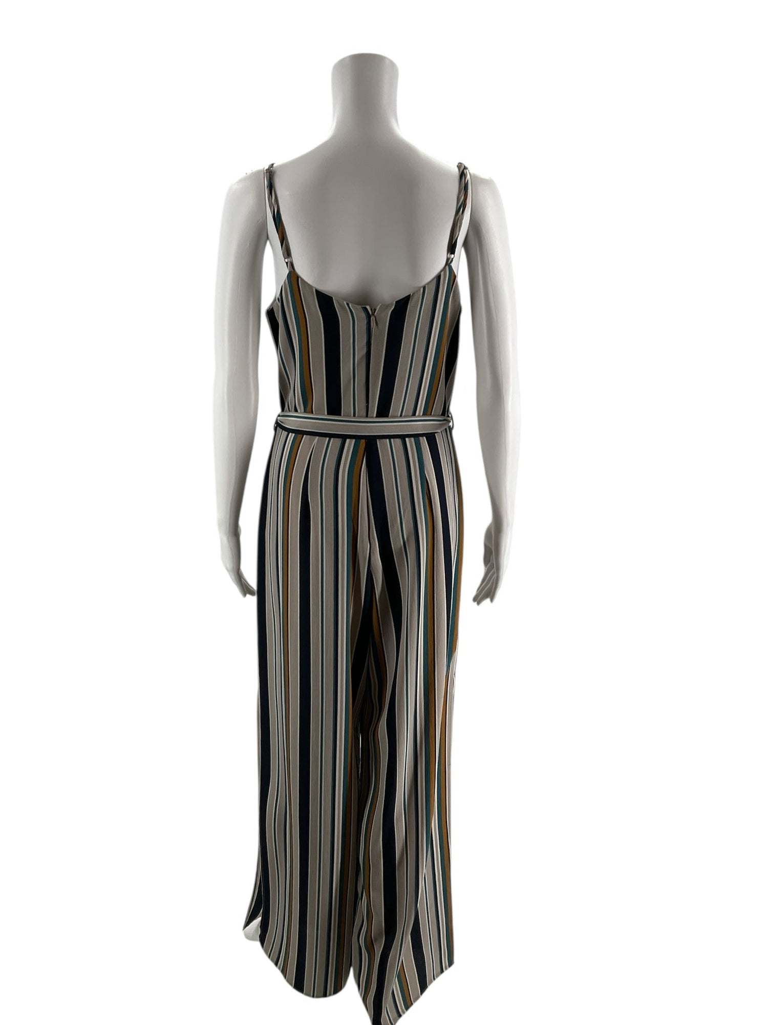 Pre-owned Monteau wide leg jumpsuit in gray, navy, and mustard stripes, featuring a V-neck and sleeveless design. Size large.