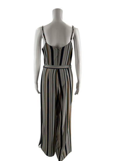 Pre-owned Monteau wide leg jumpsuit in gray, navy, and mustard stripes, featuring a V-neck and sleeveless design. Size large.
