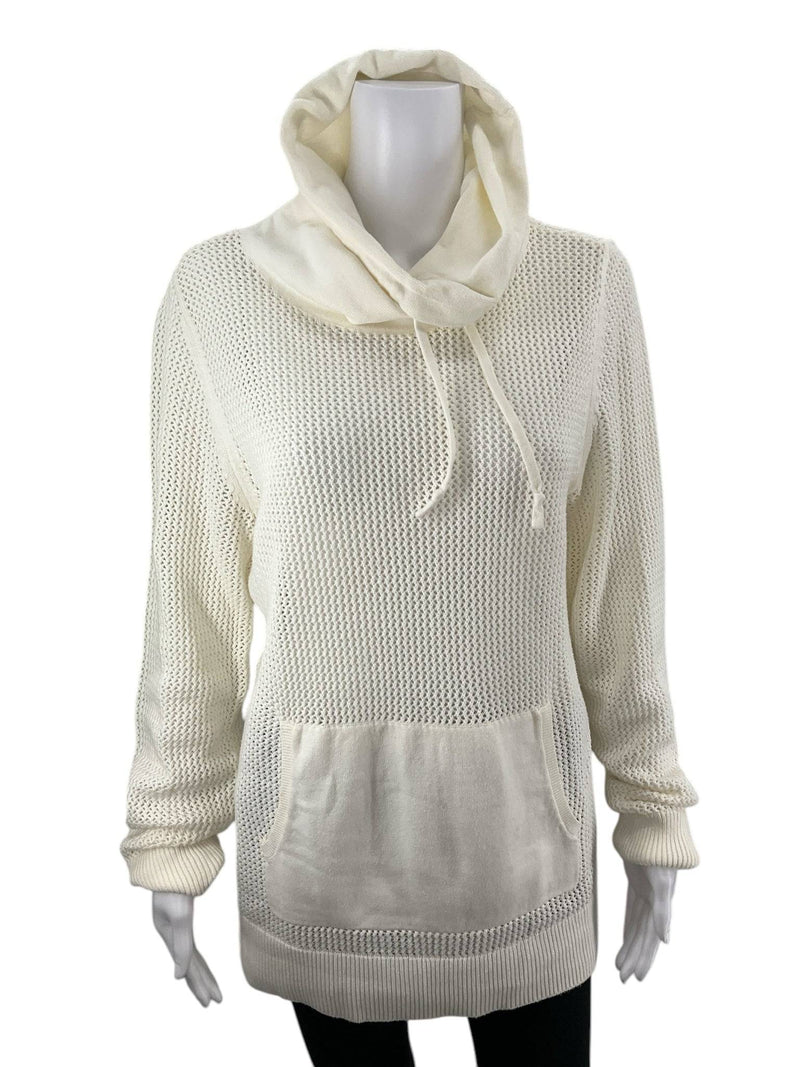 Front view of cream T by Talbots Top Size Large featuring a textured knit, kangaroo pocket, and drawstring cowl neck at Margaret’s Fine Consignments.