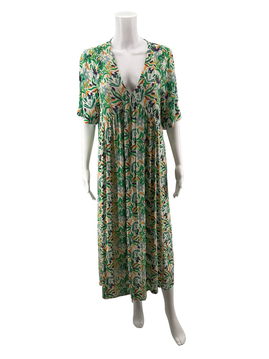 Anna Kay orange/green/purple Midi Floral V-Neck Midi Dress Womens Size Large - Size L