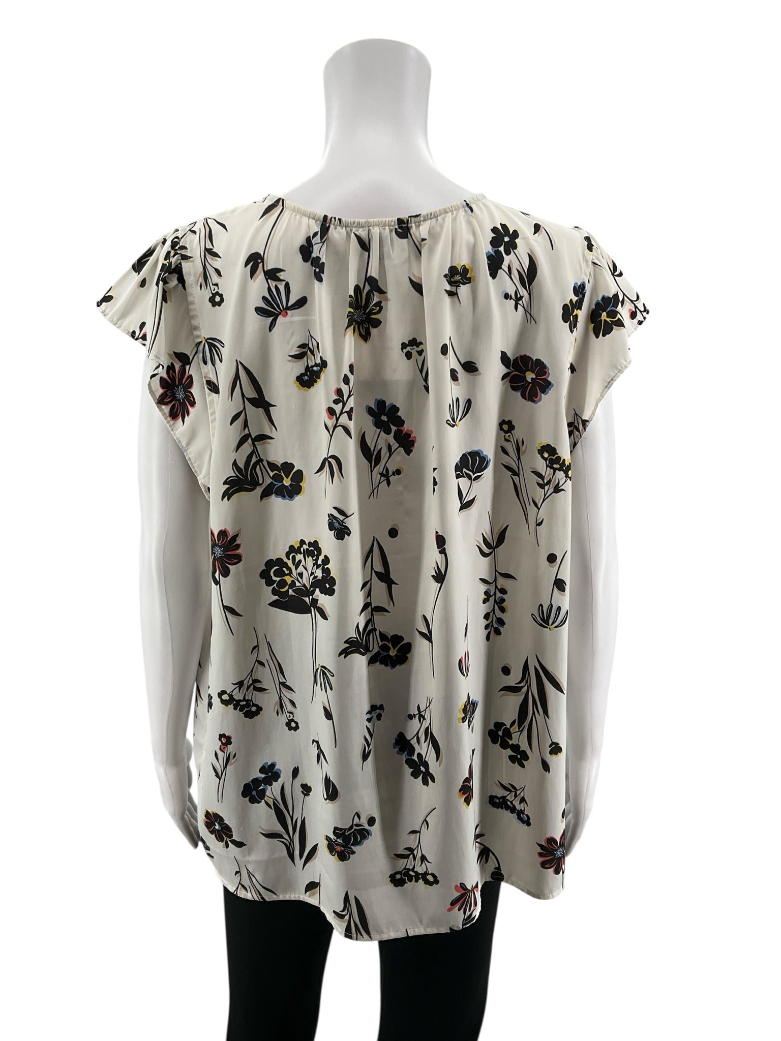 Ann Taylor white/black Cap Sleeve Floral Flutter Cap Sleeve Swing Blouse Top XL Ivory Black - Size XL