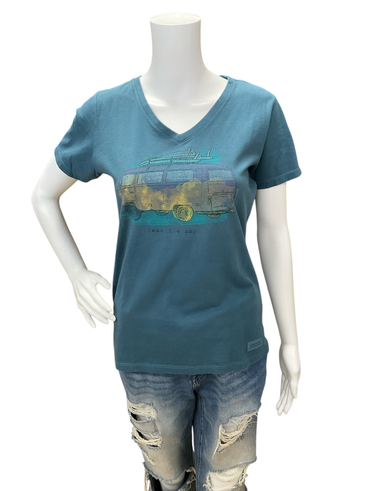 Life is Good Size S Turquoise Van Pre-Owned Casual Top