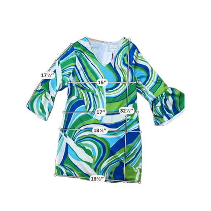 Julie Brown NYC green/blue/white Shift Swirl Print V-Neck Bell Sleeve Shift Dress Size 8 NWT - Size 8