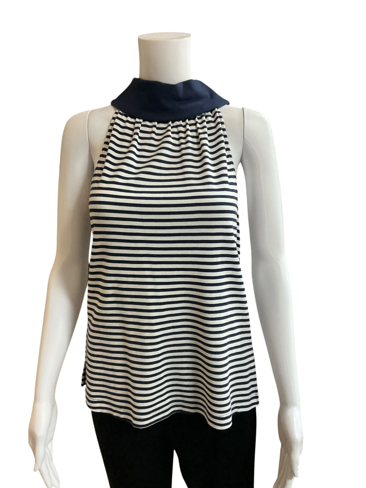 Sail to Sable Striped Funnel Neck Sleeveless Top Navy White Gold Buttons Small - ONLINE ONLY
