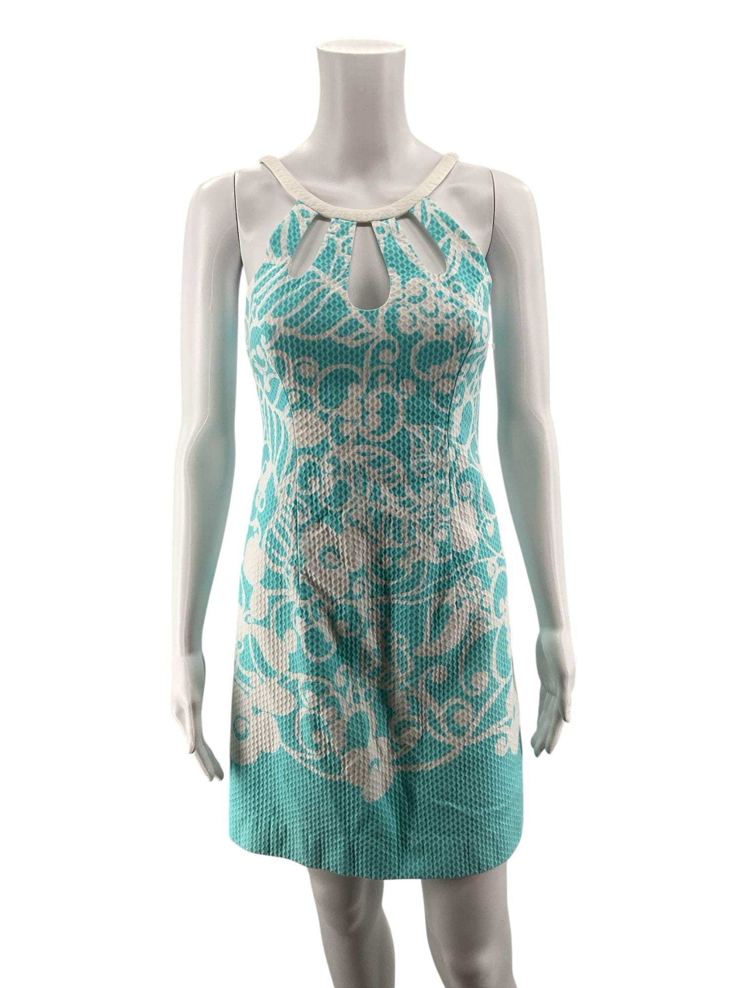 Lilly Pulitzer Kristen Dress Aqua &amp;amp; White Jacquard Leaf Cutout Shift Size 0