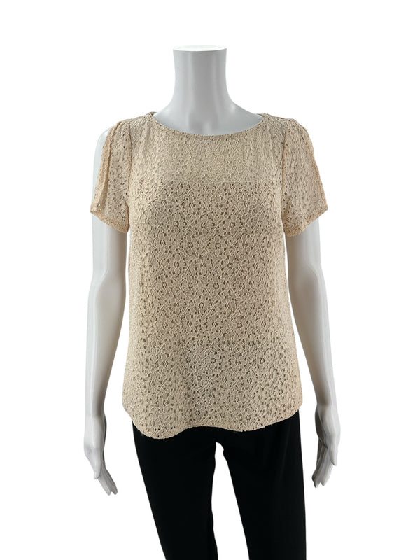 Front view of 41 Hawthorn Beige Lace Pre-Owned Ladies Top - Size XS on mannequin, showcasing lace shell and cap sleeves in a feminine silhouette.