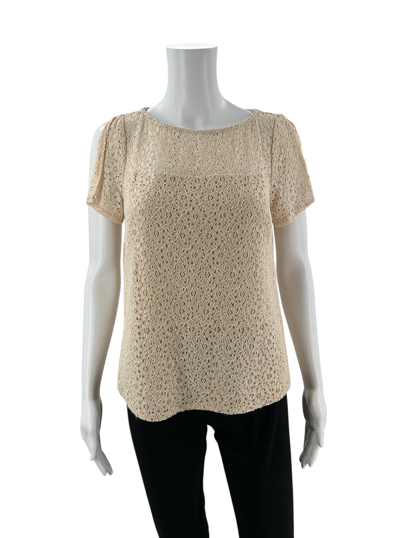 Front view of 41 Hawthorn Beige Lace Pre-Owned Ladies Top - Size XS on mannequin, showcasing lace shell and cap sleeves in a feminine silhouette.