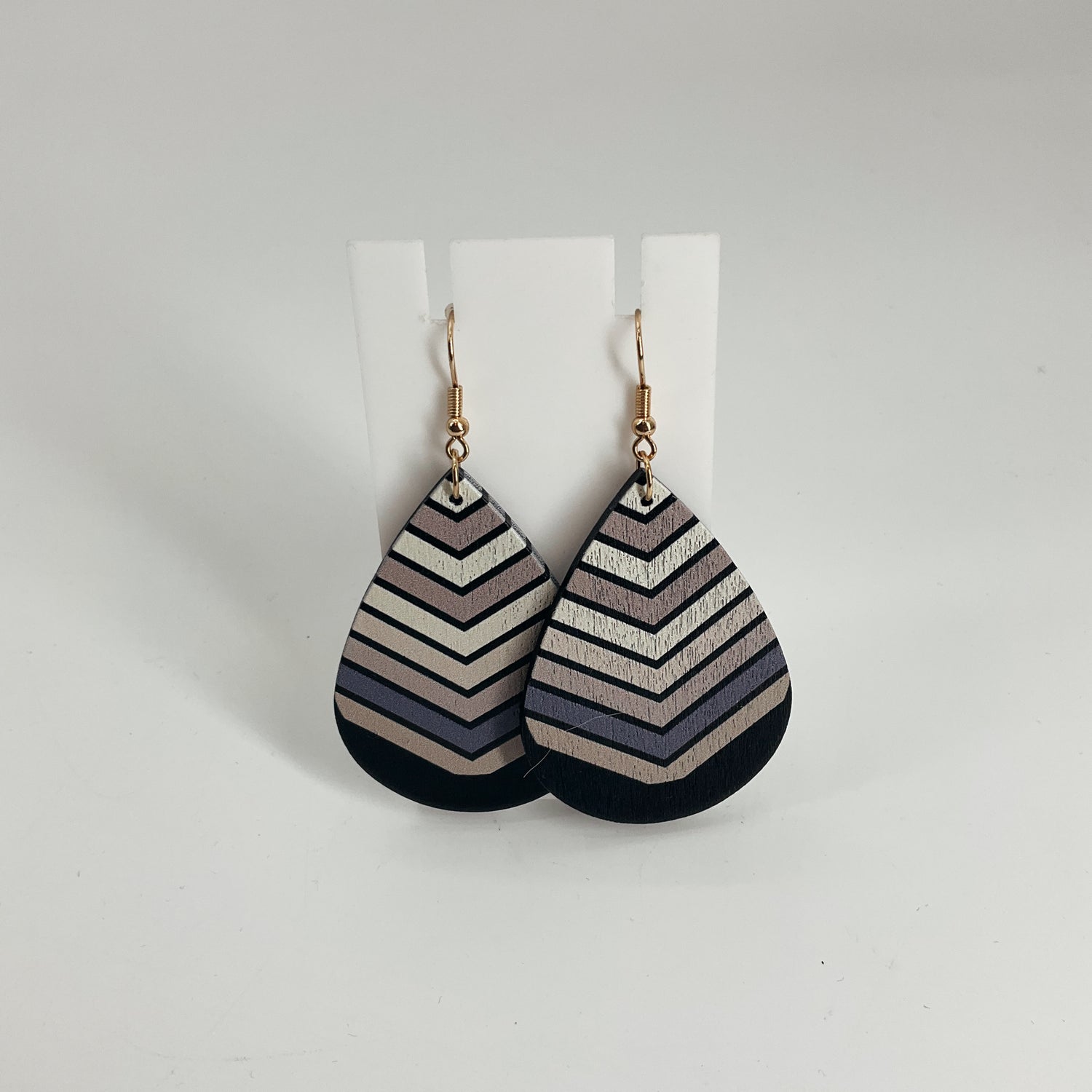 Hand-Painted Wood Teardrop Earrings Geometric Chevron Stripe Boho Dangle