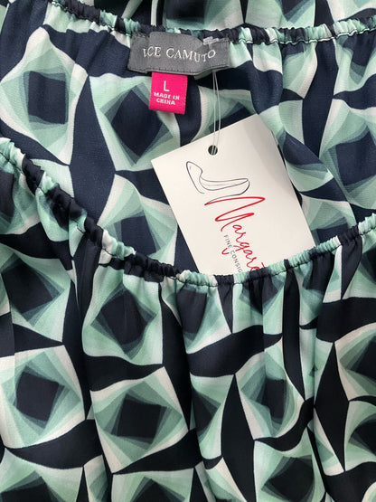 Vince Camuto navy and mint green off-the-shoulder peplum blouse with balloon sleeves, size large, pre-owned.