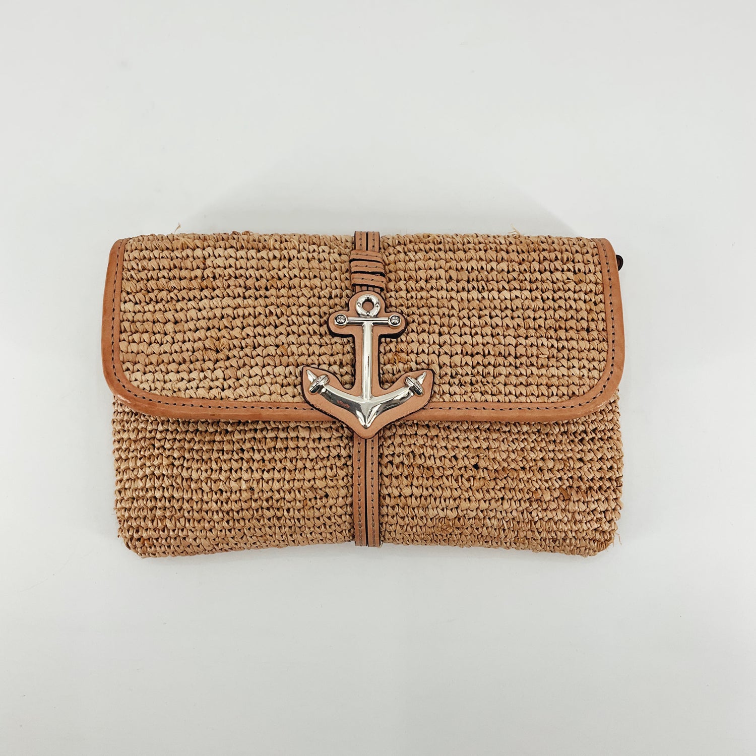 Brighton Tan Crossbody Sea Shore Straw Anchor Crossbody Bag Tan Leather Trim