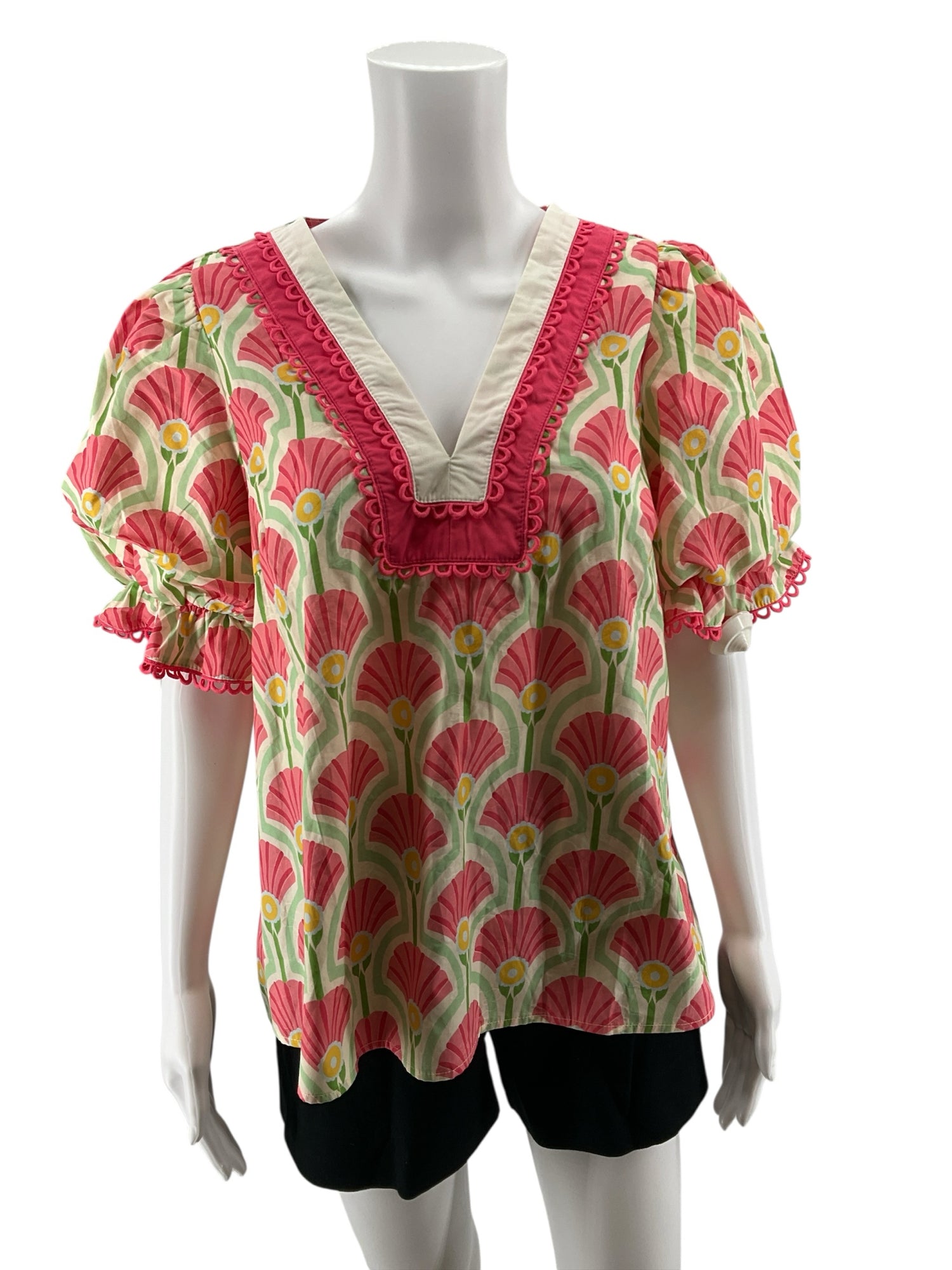 Entro Floral Art Deco Puff Sleeve Scallop Trim Blouse NWT Size Large