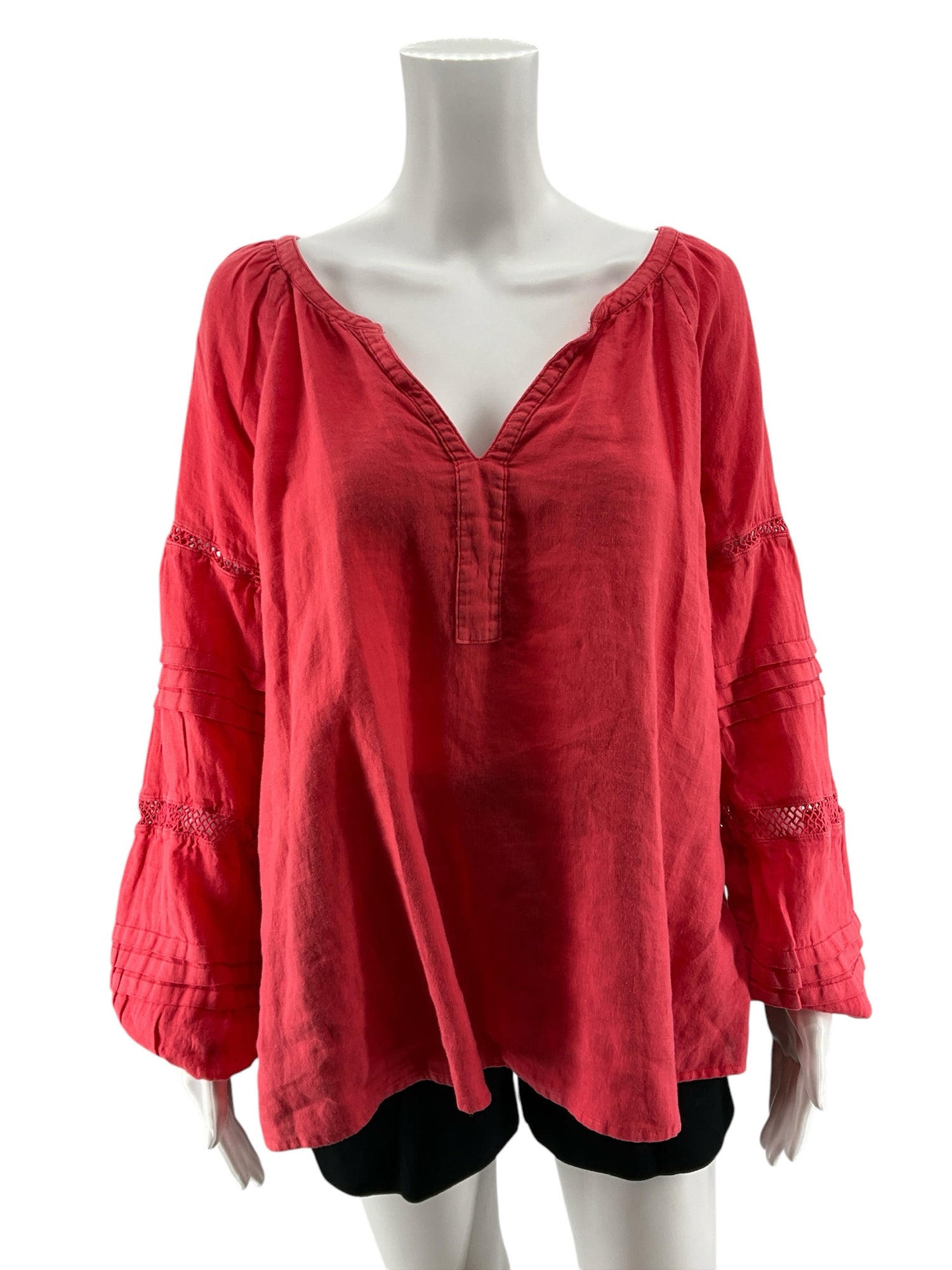 Lilly Pulitzer Katrina Linen Top Coral Crochet Lace Bishop Sleeve Blouse Size Large