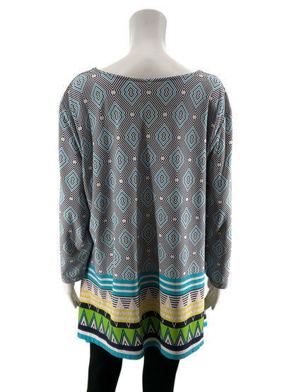 Ruby Rd. Mixed Print Tunic Top Beaded Keyhole 3/4 Sleeve Blouse | Size XL