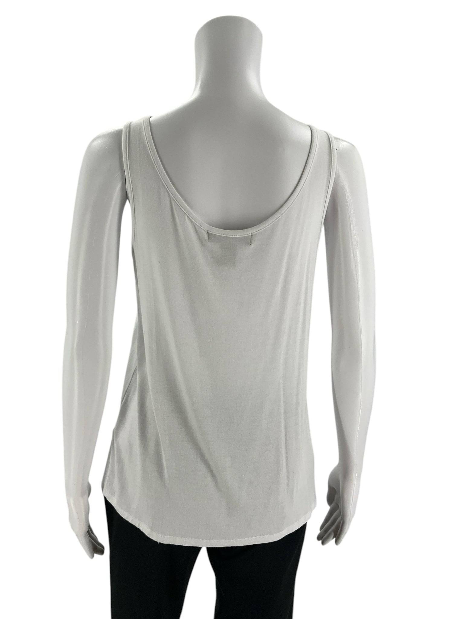 Back view of August Silk Top Size Petite Small, lightweight white sleeveless blouse, pre-owned and sold by Margaret's Fine Consignments.