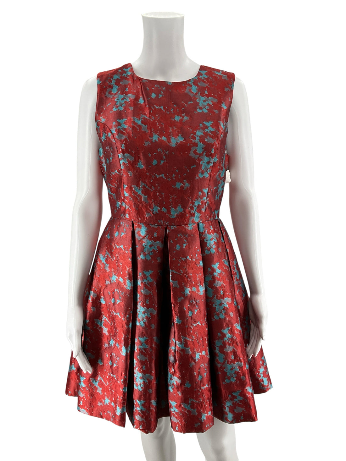 BB Dakota Jayla Red Teal Abstract Jacquard Fit &amp;amp; Flare Dress Size 8
