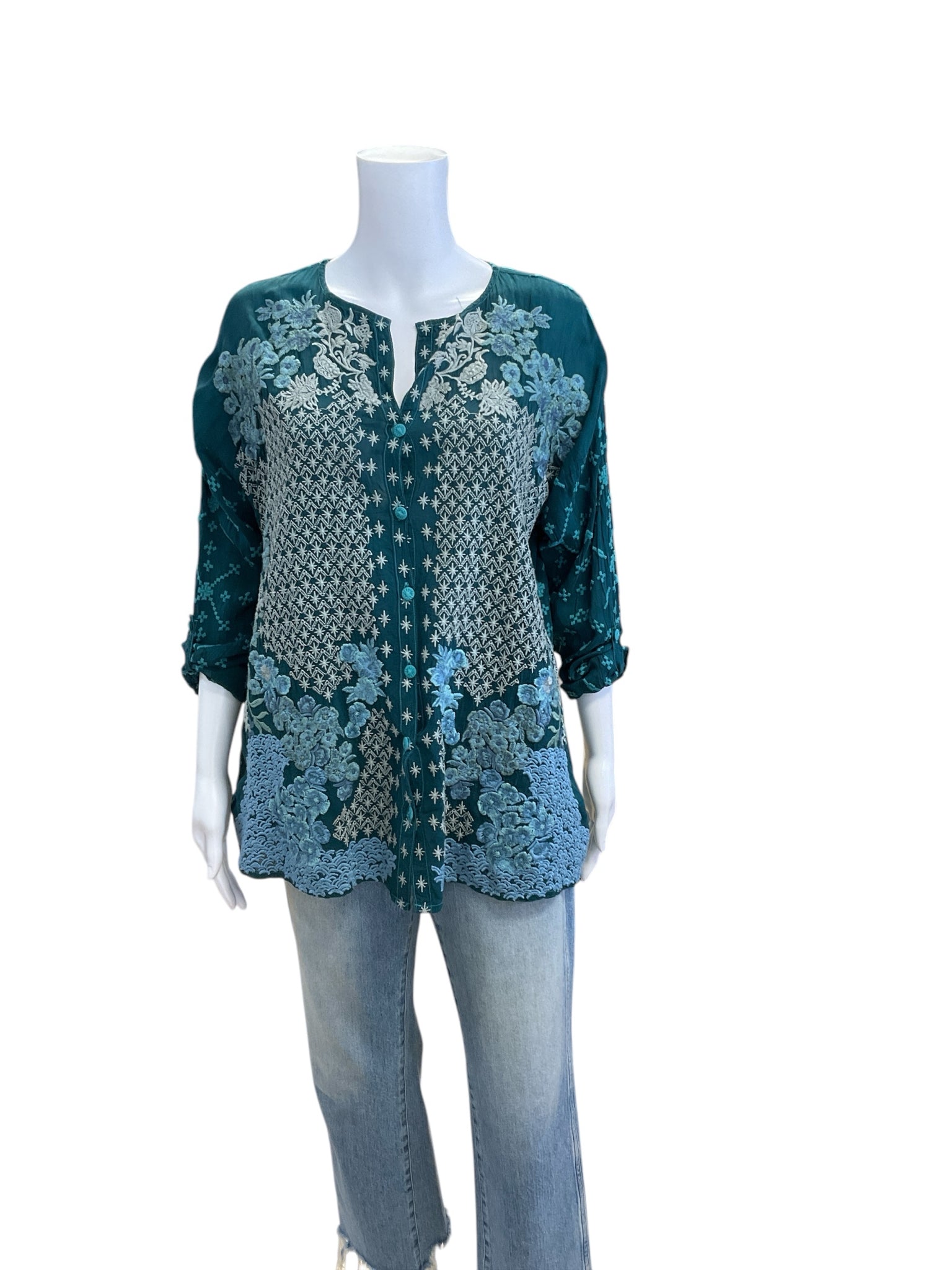 Johnny Was Turquoise Floral Top Size XS