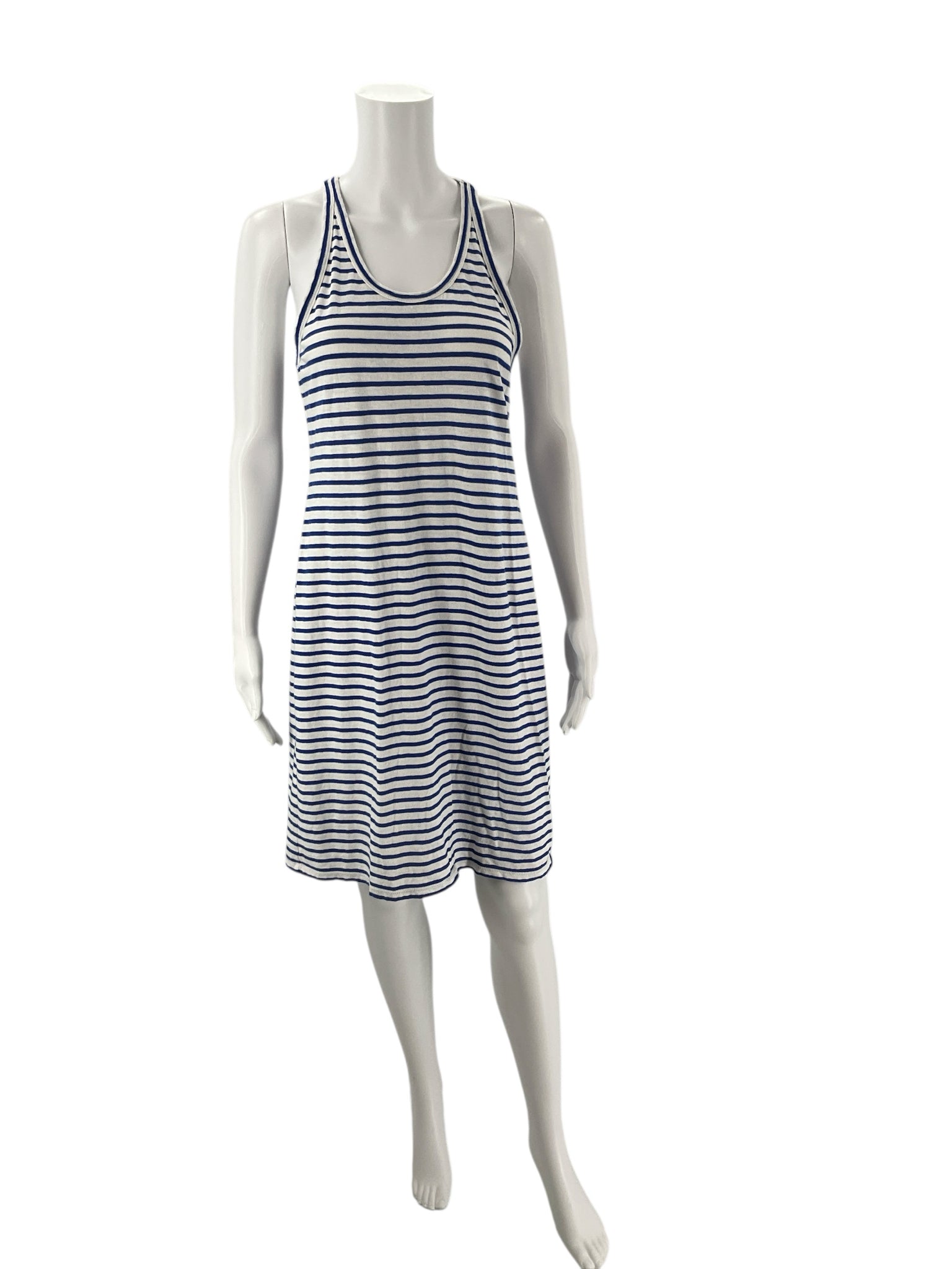 Front view of J Crew White/Blue Stripe Dress - Size Medium, sleeveless cotton summer dress available pre-owned at Margaret’s Fine Consignments.
