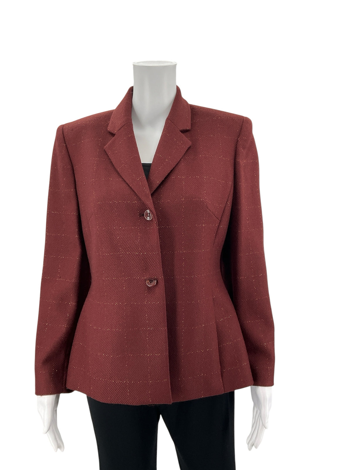 Rena Rowan Vintage Wool Plaid Blazer Jacket Size 6 Rust Gold Metallic