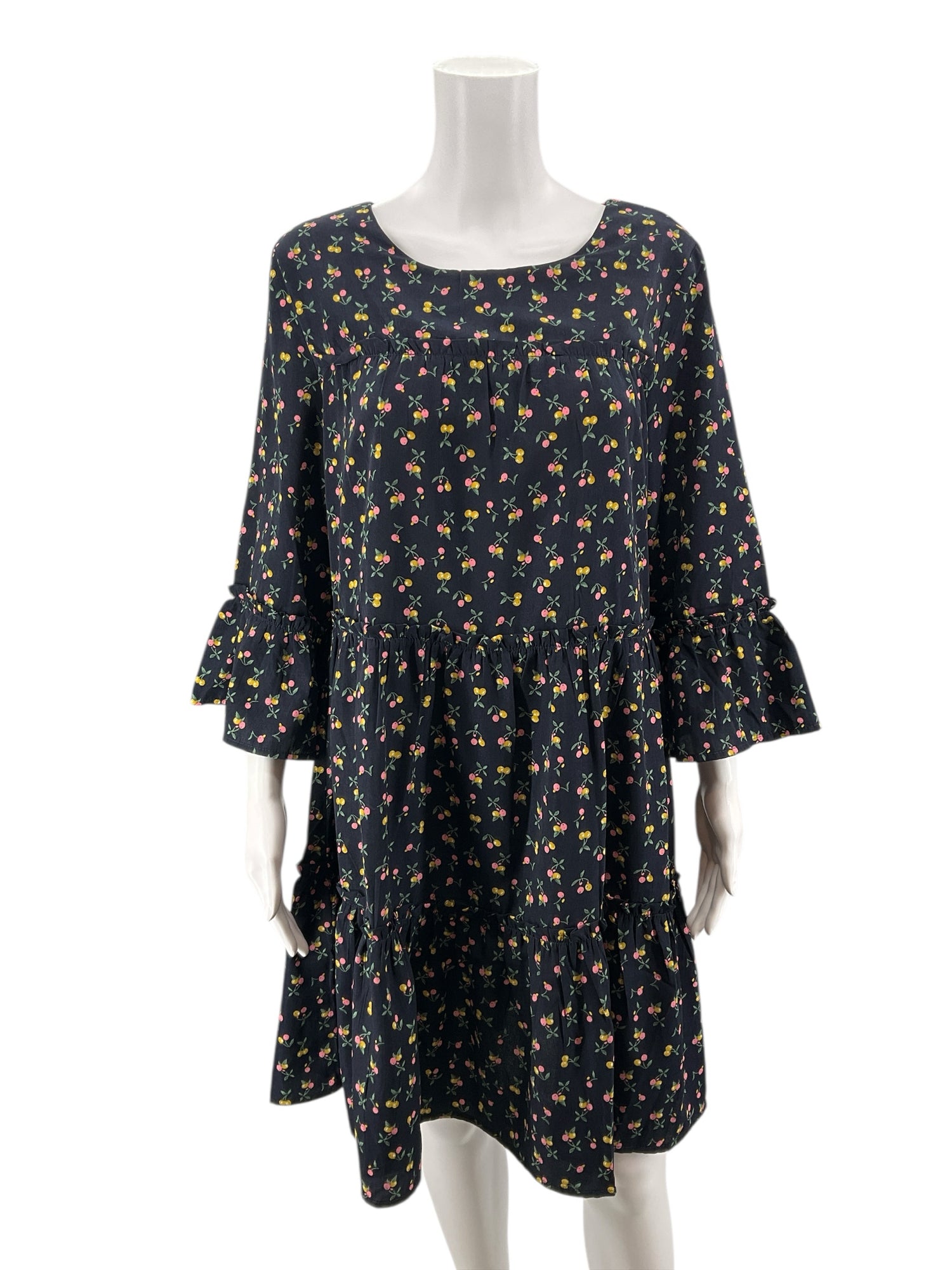 Suzanne Betro Navy Cherry Print Tiered Babydoll Dress Size Medium