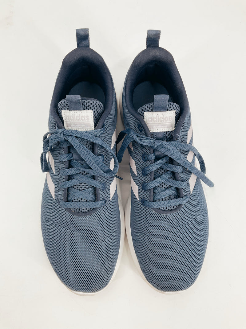 Top view of Adidas Blue Logo Pre-Owned Ladies Sneakers - Size 9.5 featuring lace-up design and breathable mesh material.