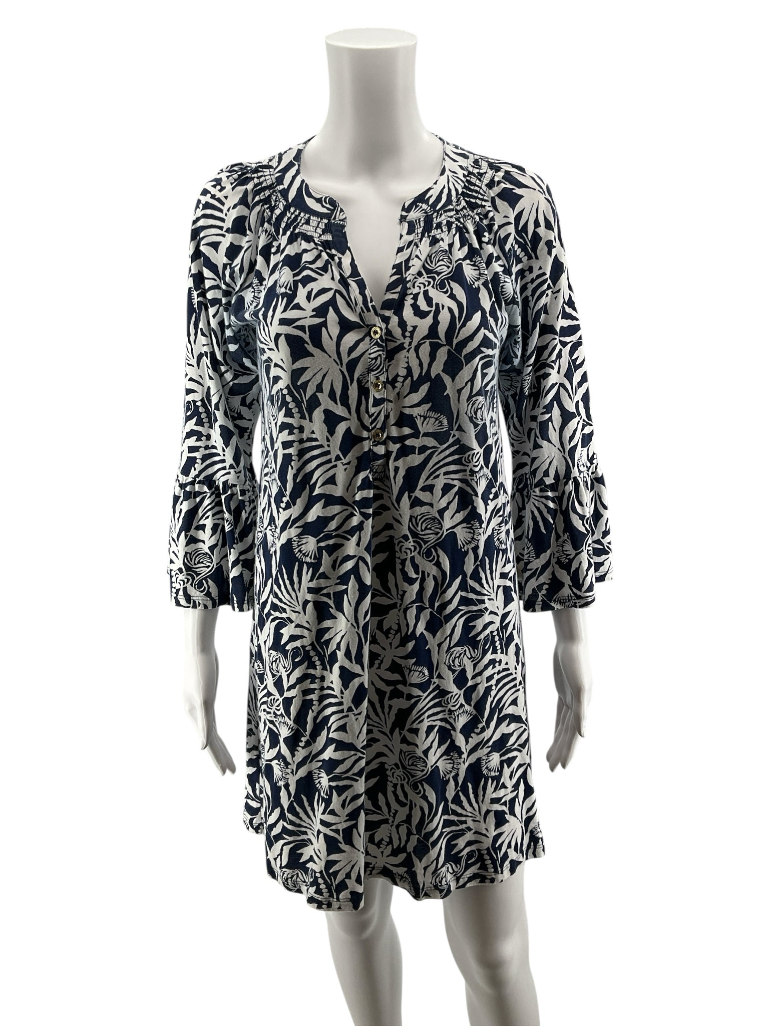 Lilly Pulitzer Kimi Tunic Dress XS Navy White Botanical Print Bell Sleeve