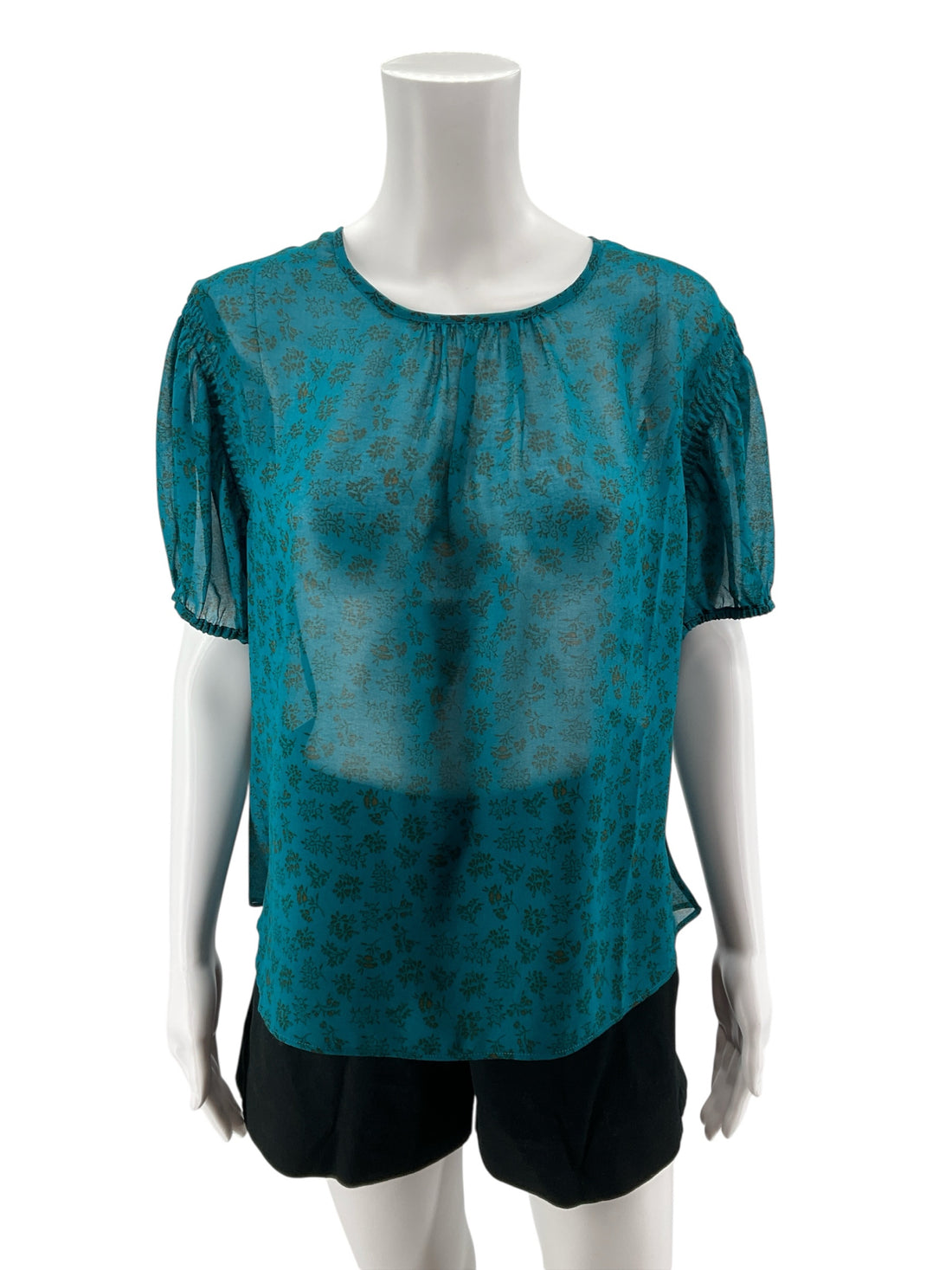 cabi Poet Blouse Teal Floral Puff Sleeve Keyhole Top Size Medium