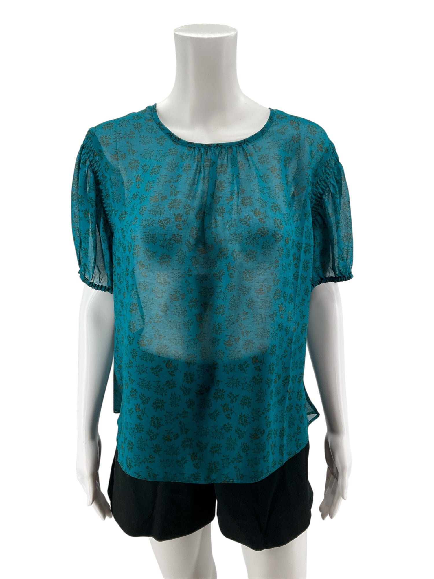 cabi Size M Teal Floral Pre-Owned Ladies Casual Top - Downstairs
