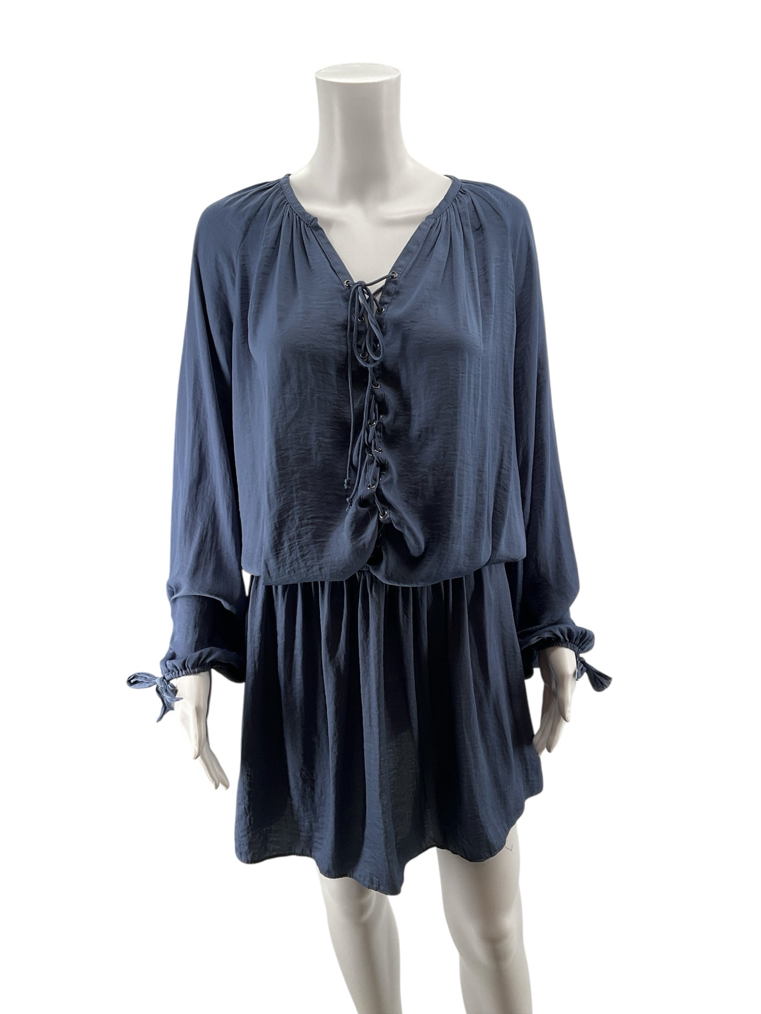 do &amp; bedo &amp; be Navy Blue Lace-Up Blouson Sleeve Boho Tunic Dress Size Small