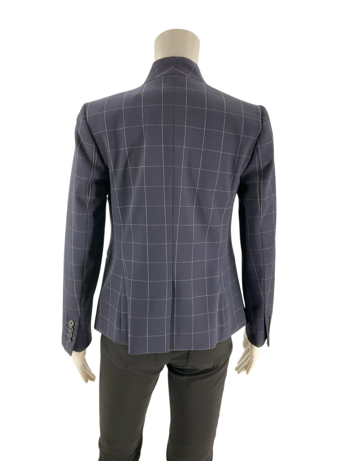 Navy and white checkered Ann Taylor blazer for women, size 00 petite, featuring a tailored fit and classic design.