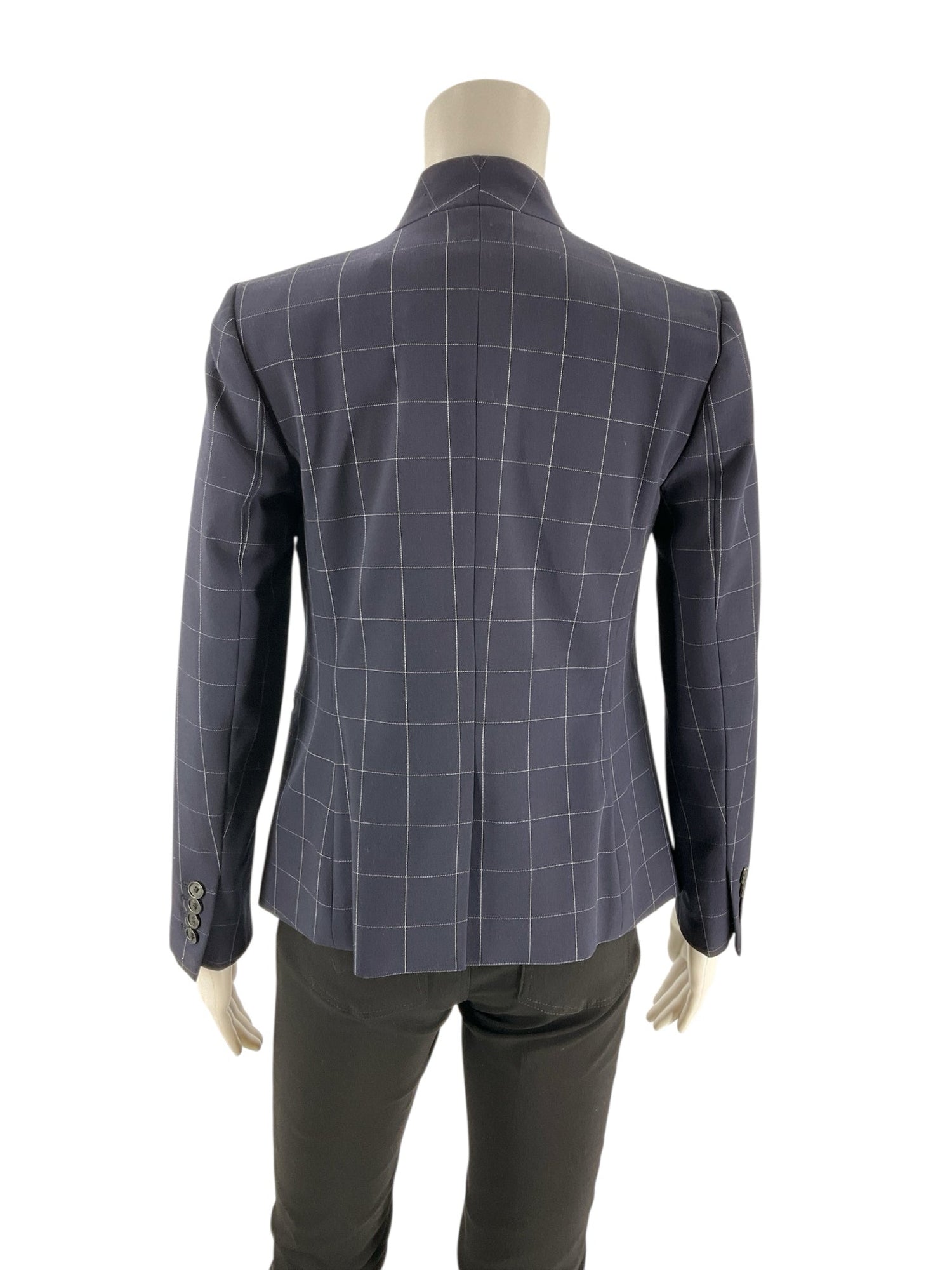 Navy and white checkered Ann Taylor blazer for women, size 00 petite, featuring a tailored fit and classic design.