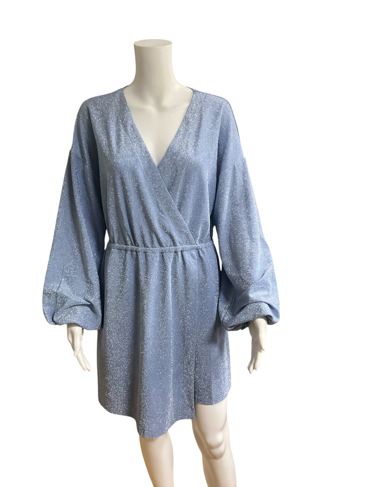GBGB Baby Blue Sparkle Long Sleeve Wrap Mini Dress - Size M - ONLINE ONLY