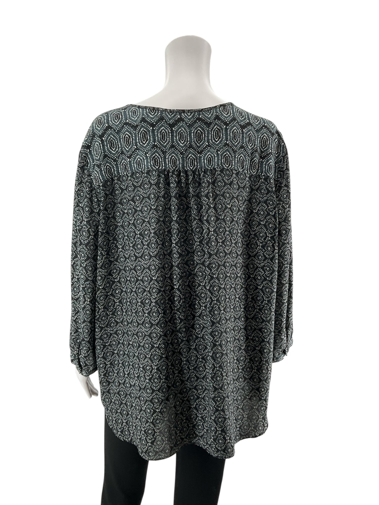 NYDJ Geo Dot Tie-Neck Peasant Blouse Tunic Top Black White Teal XL