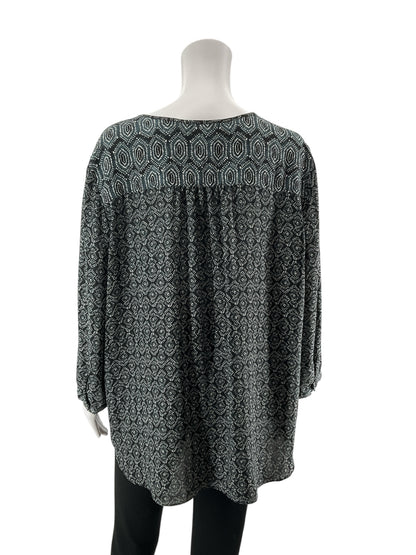 NYDJ Geo Dot Tie-Neck Peasant Blouse Tunic Top Black White Teal XL